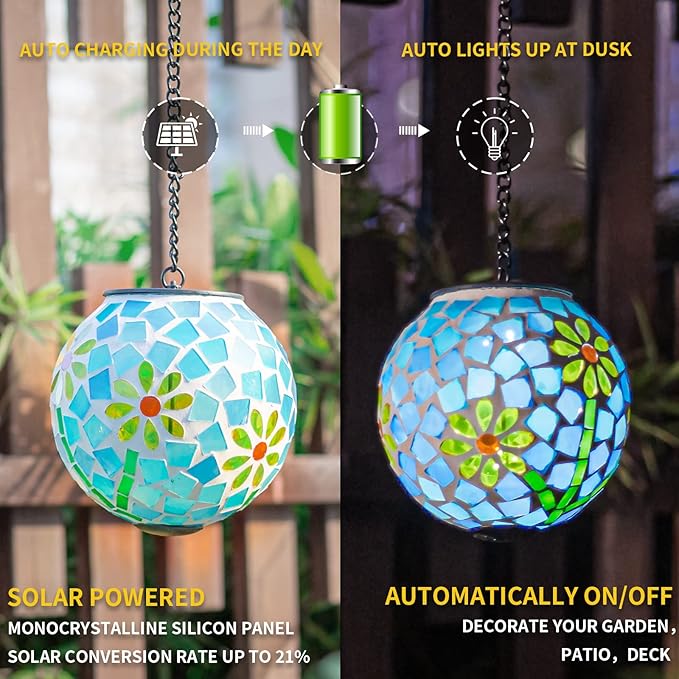 VCUTEKA Solar Lanterns Outdoor Waterproof - Hanging Solar Lights Garden LED Lanterns Mosaic Glass Design for Landscape Patio Yard Garden Pathway Decoration