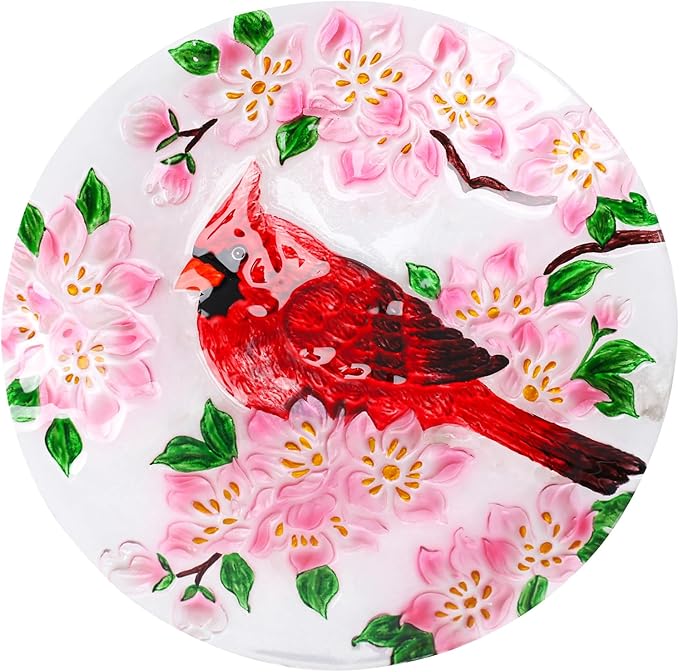 MUMTOP Outdoor Glass Birdbath with Metal Stand for Outside Lawn Yard Garden Cardinal Decor,18” Dia/21.65 Height