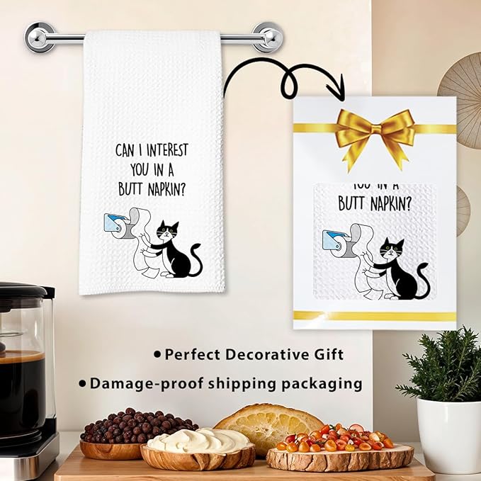 Cat Hand Towel, Funny Bathroom Kitchen Towels, Waffle Weave Microfiber Dish Cloth, Gift for Cat Lovers, Cute Kitty Tea Towel for Home