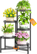 LASZOLA 5 Tiered Folding Tall Plant Stand for Indoor Outdoor Corner, Larger Heavy Duty Metal Adjustable Multiple Rack with 10 Inch Wide Hollow Tray, Flower Planter Holder for Modern House Patio, Black