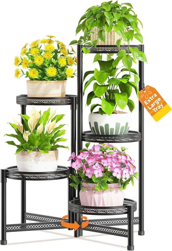 LASZOLA 5 Tiered Folding Tall Plant Stand for Indoor Outdoor Corner, Larger Heavy Duty Metal Adjustable Multiple Rack with 10 Inch Wide Hollow Tray, Flower Planter Holder for Modern House Patio, Black