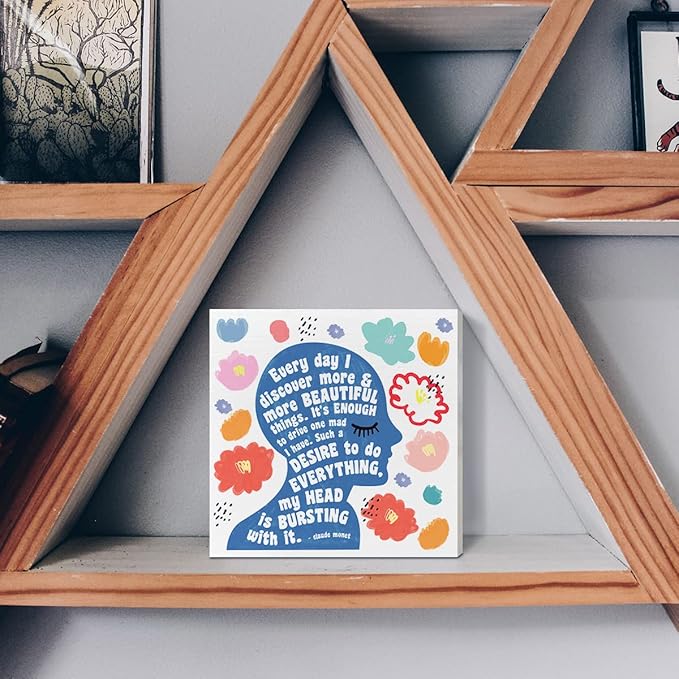 Home Office Desk Wooden Box Sign Decor, I Discover More & More Beautiful Things, Inspirational Quotes Desk Decor Motivational Desk Decorations for Women Girls Teens Student Office Classroom School