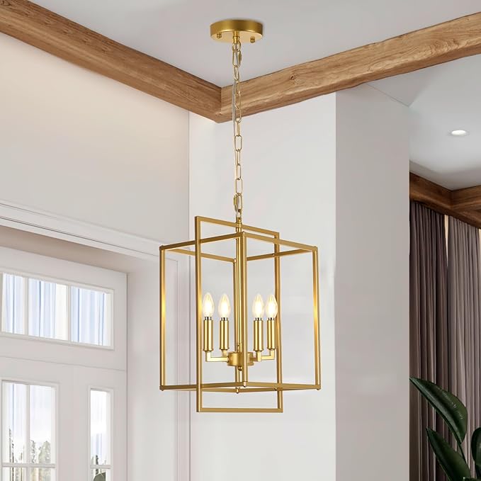 Farmhouse Gold Chandelier, 4-Light Vintage Chandeliers for Dining Room, Adjustable Modern Rustic Metal Hanging Pendant Light Fixture for Entryway Foyer Kitchen Island Hallway
