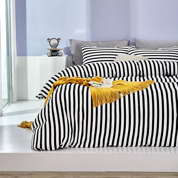 White and Black Stripes Comforter Set Twin Women Bedding Set Soft Durable White Striated Bedding Set Black Stripes Ticking Quilts Hotel Quality Comforter Set Girls White Black Stripes Bed Set