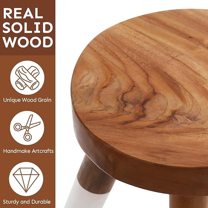 Teak 11.8" Round Dip Dyed Teak Stool | Wood Accent Side Table | Wood Plant Stand (20" Tall White)