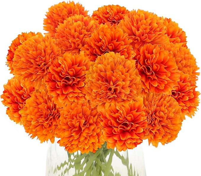 Kimura's Cabin 20Pcs Orange Fake Mums Flowers Artificial Silk Chrysanthemums Faux Ball Flower for Wedding Arrangement Fall Bouquets Home Table Decoration Halloween Decor(Orange)