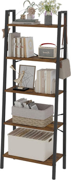 Ladder Shelf, Bookshelf Bookcase, Freestanding Corner Storage Shelve with 2 Hooks for Home Office, Living Room, Kitchen, Bedroom, Industrial, 5-Tier Rustic Brown BC19301B