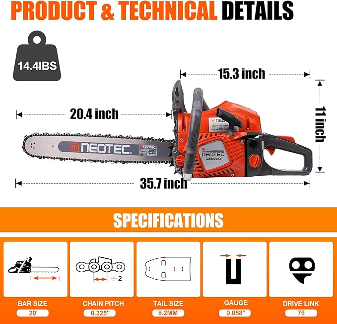 62CC 2-Cycle Gas Powered Chainsaw, 20 Inch Handheld Cordless Petrol Gas Chainsaw for Backyard Storm Cleanup Tree Wood Firewood Cutting