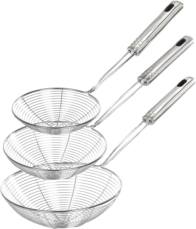 Enhanced Version Stainless Steel Spider Strainer Skimmer Ladle, Set of 3 Sizes Kitchen Strainer Spoon for Cooking and Frying, Pasta Strainer, Food Preparation-32.5cm, 36cm, 38cm