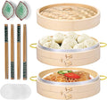 MacaRio 10 Inch Bamboo Steamer Basket Set Dumpling Steamer for Cooking | 2-tier with lid side handles chopsticks ceramic sauce dishes 50 paper liners for dumplings buns vegetables