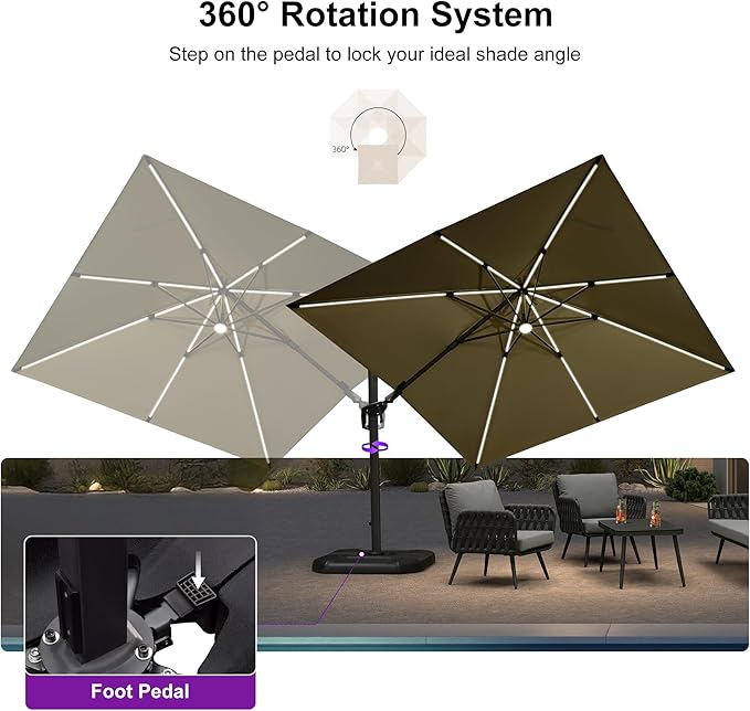 PURPLE LEAF 10 Feet Patio Umbrella Outdoor Cantilever Solar Powered LED Swivel Square Umbrella Aluminum Offset Umbrella with 360-degree Rotation for Garden Deck Pool Patio, Beige