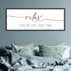 SRSZHIYUE Relax You're On Lake Time Wall Decor Above Bed Sign 32"×12" for Lake House Bedroom Over Bed Large Wood Framed Hanging Art (Black)