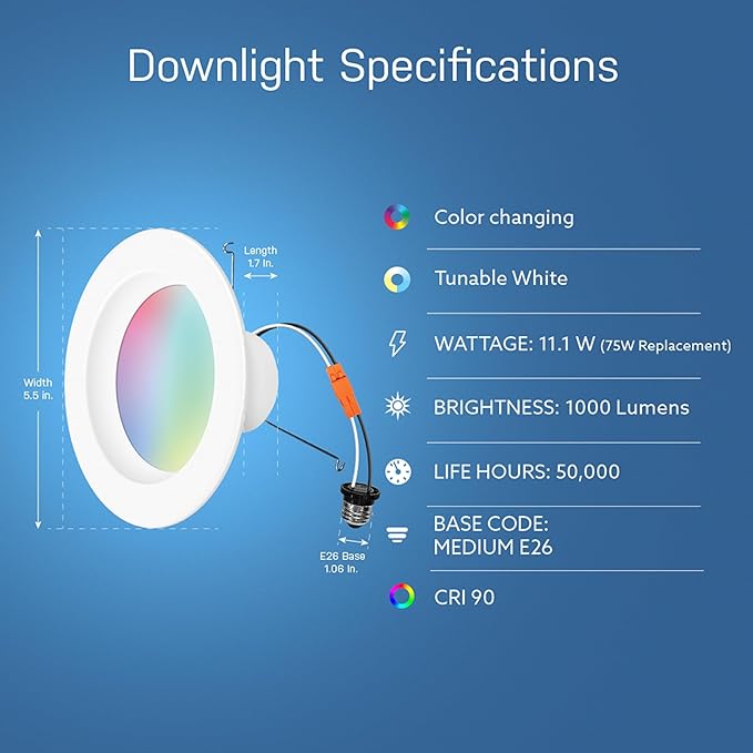Feit Electric Smart Recessed Downlights, 5-6 Inch, Wi-Fi LED, Dimmable Color-Changing, 1000 Lumens, 11.1W (75W Equivalent), Voice & App Control, Daylight to Soft White, 50,000 Hour Lifespan