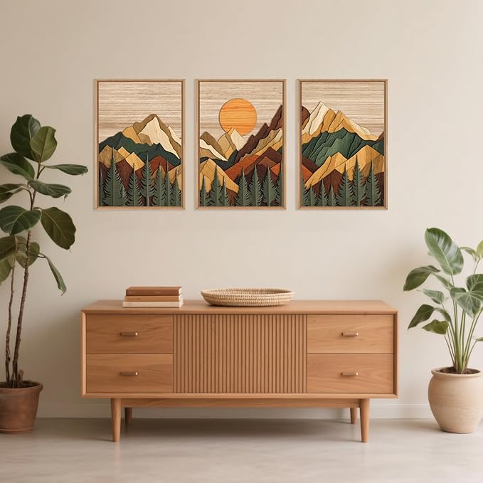 Celestdeco Woodcut Style Mountain Framed Canvas Wall Art Set, Large Brown Ridge Wall Decor, Boho Pine Tree Wall Painting, Abstract Wooden Art Print for Living Room, Bedroom, Office - 24"X36"X3(Not-3D Effect)