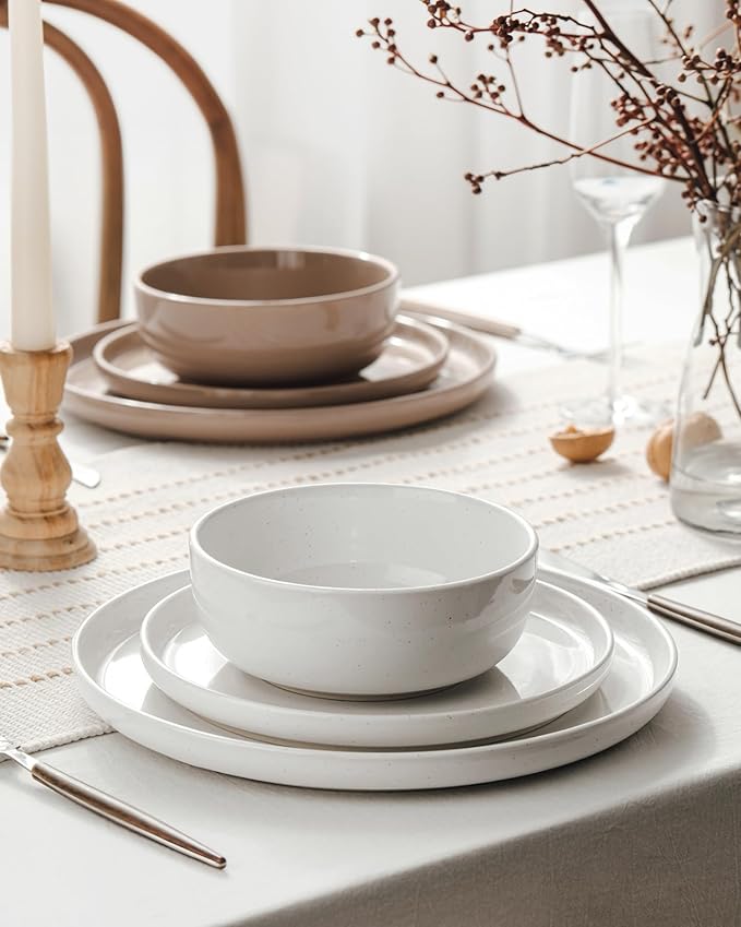Famiware Milkyway Plates and Bowls Sets, 12 Pieces Stoneware Dinnerware Sets, Dishes Set for 4, White & Cinnamon Brown