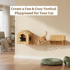 Unfinished Solid Pine Cat Wall Set - Natural Wood Cat House, Bridge & Perch Shelf | 3-Piece Wall-Mounted Climbing & Lounging Furniture for Indoor Cats