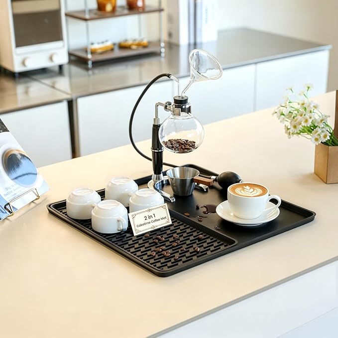 Caketime 2 In 1 Silicone Coffee Bar Mat Accessories for Ninja Coffee Maker with Detachable Dish Drying Rug Kitchen Countertop Under Sink Drainer Appliances New Home Decor 16"x16" Black