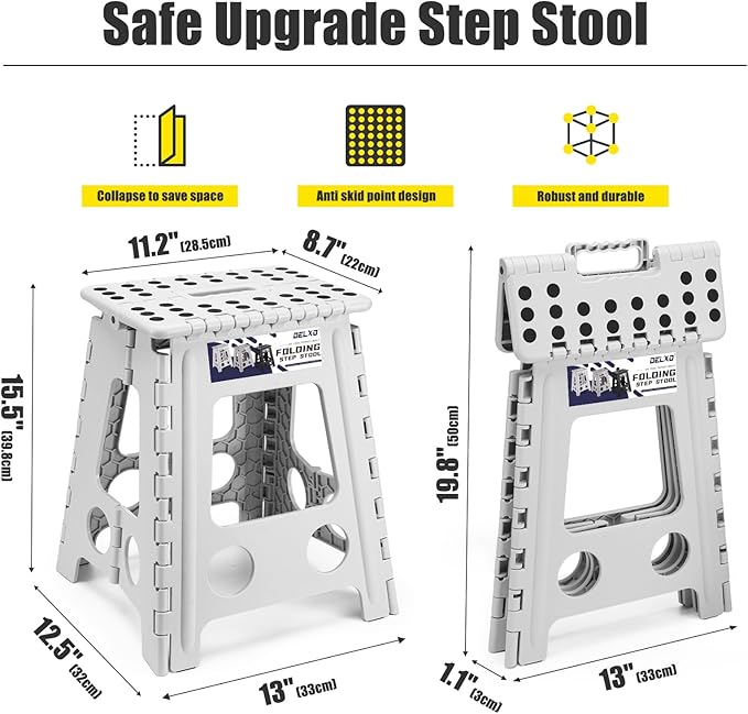 Delxo 16 Inch Folding Step Stool, Heavy Duty Foldable Stool for Adults,Premium Portable Collapsible Plastic Step Stool,Non Slip Folding Stools for Kitchen Bathroom Bedroom Up to 400LBS,(Grey 1PC)
