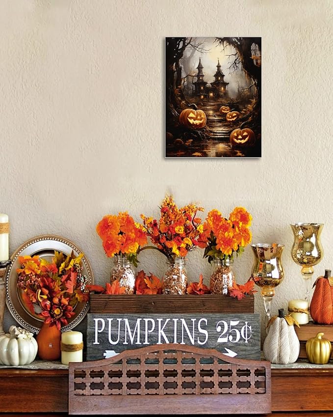 AbcCustomize Halloween Canvas Wall Art - Spooky Haunted House & Eerie Pumpkins Poster, Gothic Fall Decorations for Home, Vintage Halloween Decor Indoor for Living Room, Bedroom & Party