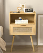 Rattan Nightstand,Modern Bedside Table with Storage Drawer and Open Wood Shelf, for Living Room, Bedroom and Small Spaces, Accent Night Stand with Solid Wood Legs, Easy Assembly,(Oak)
