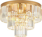 21.65" 10 Light Gold Crystal Ceiling Light for Dining Room | K9 Crystal, Stainless Steel, 3 Tier, E12 Base, Flush Mount, for Kitchen Island Living Room Bedroom Entryway