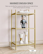 Bookcase Bookshelf, Tempered Glass Bookshelves, Slim Shelving Unit for Bedroom, Bathroom, Home Office, Steel Frame, 3 Tier Gold BC10301G