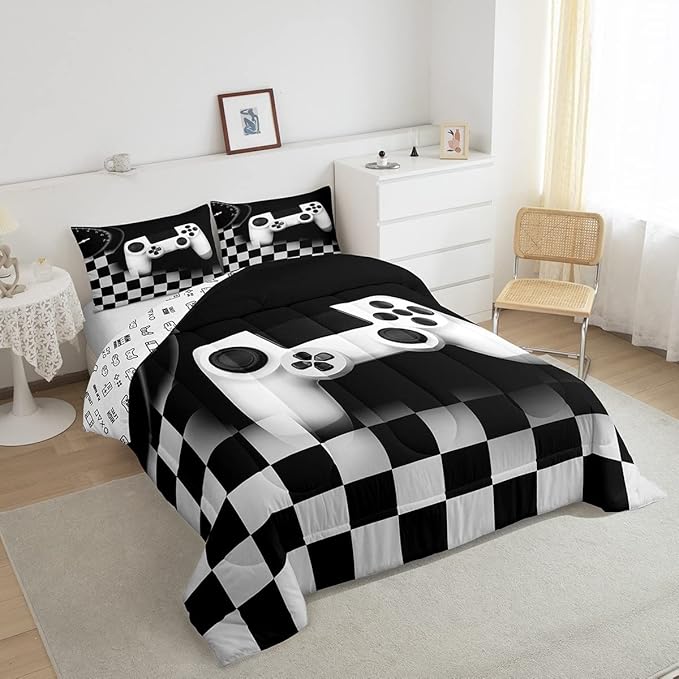Erosebridal Gamer Comforter Set King,Gaming Bedding Set for Kids Teens,Black and Grey Buffalo Plaid Reversible Duvet Insert,Novelty Gamepad Pattern Down Comforter with 2 Pillow Shams Lightweight