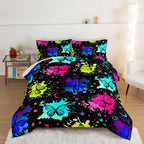 HOSIMA Colorful Butterfly Comforter Set for College Girls and Boys Full Size Bed in a Bag Set,3Pcs Bedding Set Colorful Ink Print Comforter with 2 Pillowcases,Star Moon Black Comforter.