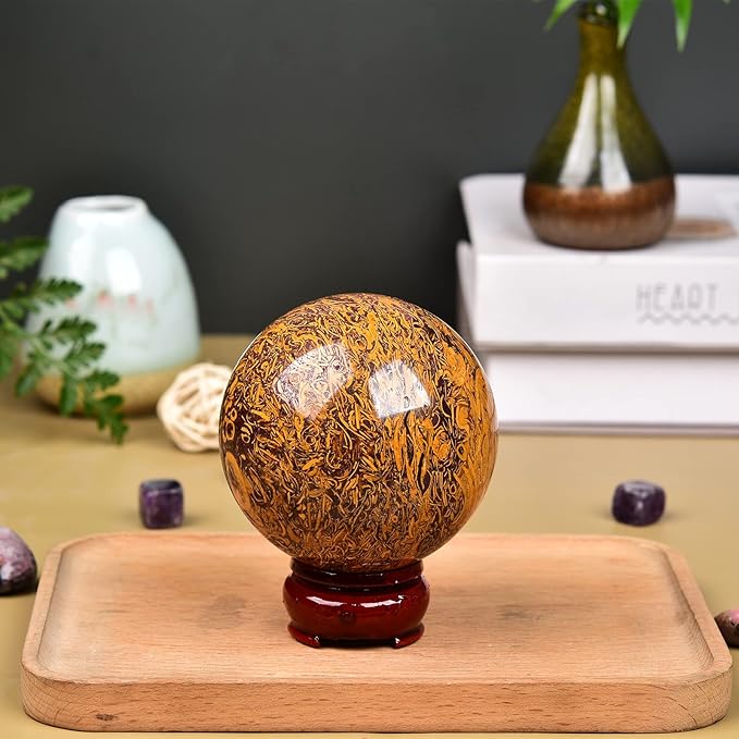 JIC Gem Reiki Healing Crystals Sphere Ball Natural Golden Silk Jade Gemstone with Decorative Stand Home Decoration (50-60mm)