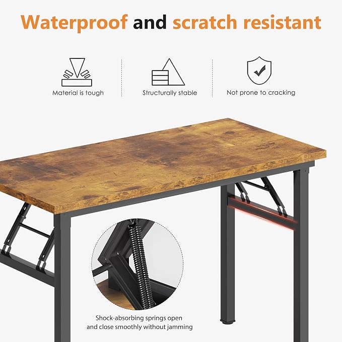 DlandHome 31.5 Inch Small Folding Computer Desk for Home Office, Retro | Foldable Writing Table for Small Spaces Bedroom, No Assembly Required, Wood Top Metal Frame, Collapsible Compact Easy Storage