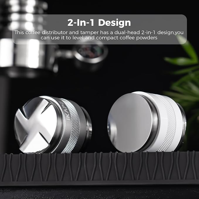 IKAPE Coffee Products, 58mm Coffee Distributor & Hand Tamper, Adjustable Depth Espresso Distributor Fits All 58mm Espresso Portafilter, Compatible with Rancilio, Gaggia Bottomless Portafilter (White)