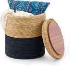 Wimarsbon Round Pouf Ottomans, Handwoven Natural Water Hyacinth Seagrass Pouffe,Outdoor Rattan Stool Accent Seat, Bohemian Coastal Home Decor (Storage -14inch Natural Cattail & Black Corn Shell)
