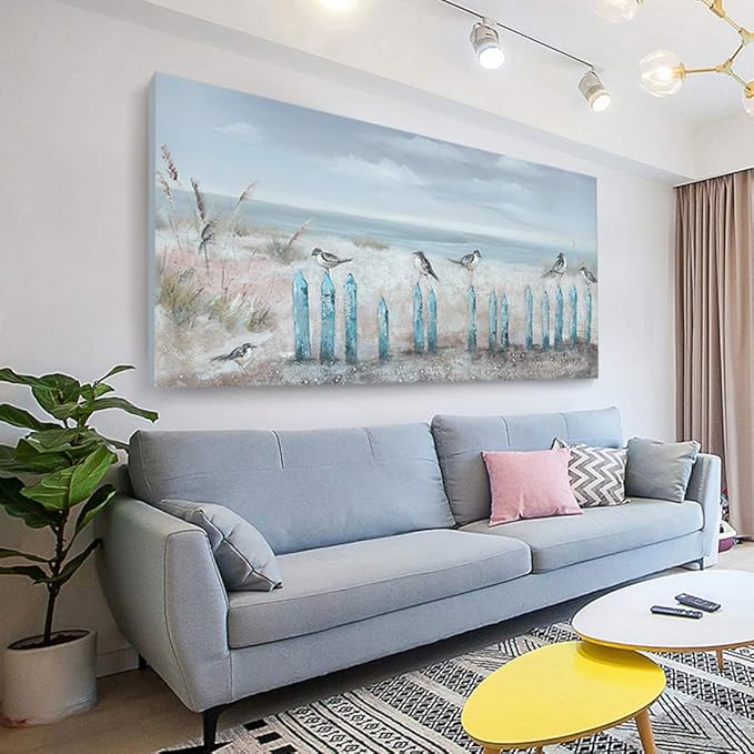 Big Wall Art for Living Room Extra Large Hand-painted Beach Oil Painting Ocean Sea Bird Seagull Canvas Artwork Framed Seascape Coastal Picture for Office Bedroom Decor 60 x 30 inch