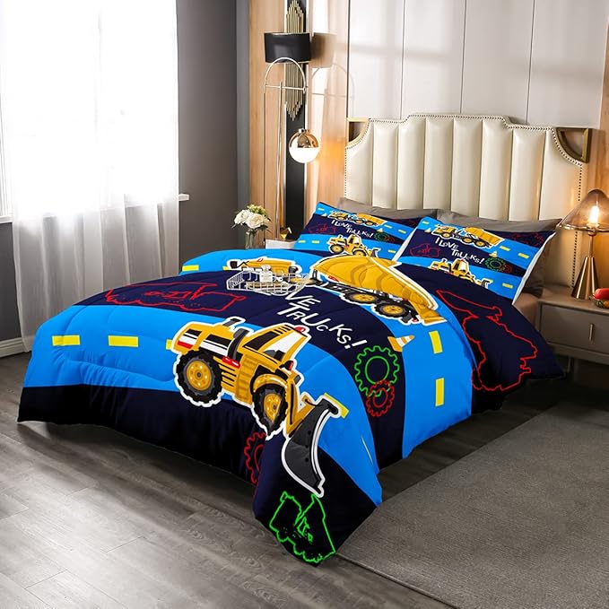 Truck Comforter Set Boys Twin Bedding Sets Kids Excavator Equipment Truck Down Comforter Construction Vehicle Quilt Duvet Set Cartoon Machinery Truck Gear Duvet Set Bulldozer Tractor Cars,Colorful