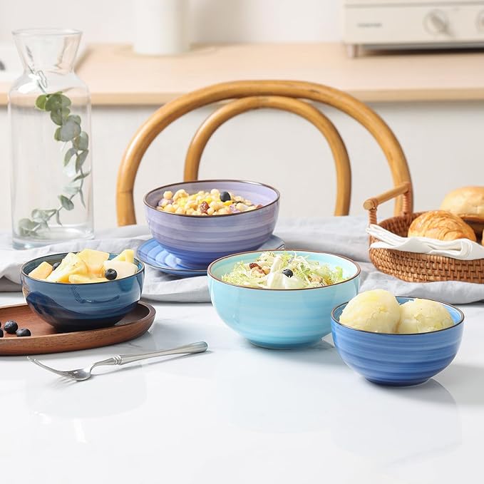 KitchenTour 24 OZ Cereal Bowls Set of 6, Ceramic Soup Bowls for Kitchen, 5.9 Inch Colorful Serving Bowls for Oatmeal, Salad, Pasta, Dessert - Microwave & Dishwasher Safe, Assorted Cool Colors