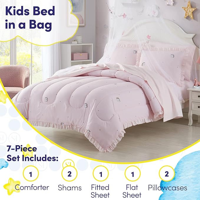 Kids Bedding Set Bed in a Bag for Boys and Girls Toddlers Printed Sheet Set and Comforter , Full, Rainbow Unicorn