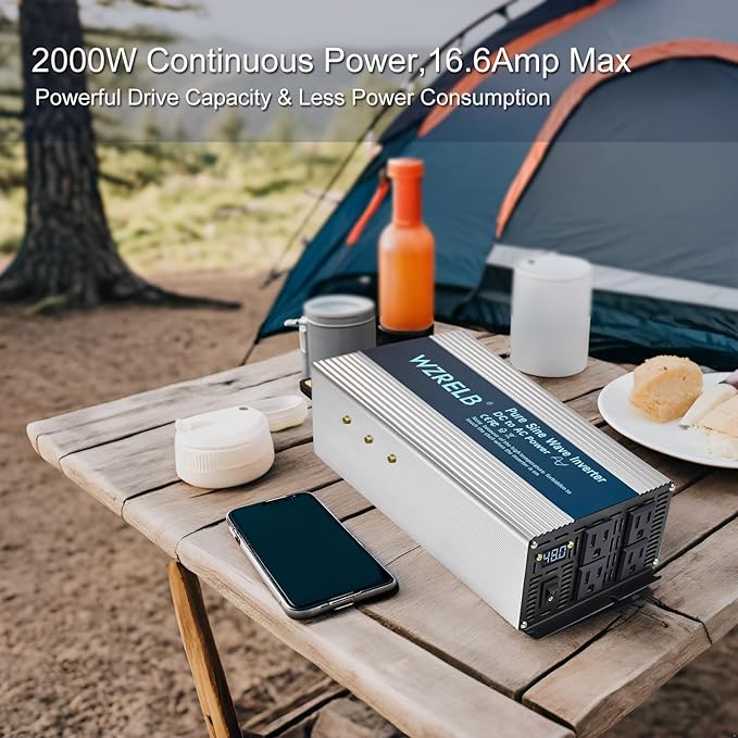 WZRELB 2000W Pure Sine Wave Inverter 24V DC to 110V 120V AC,Car Power Inverter with 4 AC Outlets, LED Display,Off-Grid Portable Power Converter for Home, RV, Truck, Camping