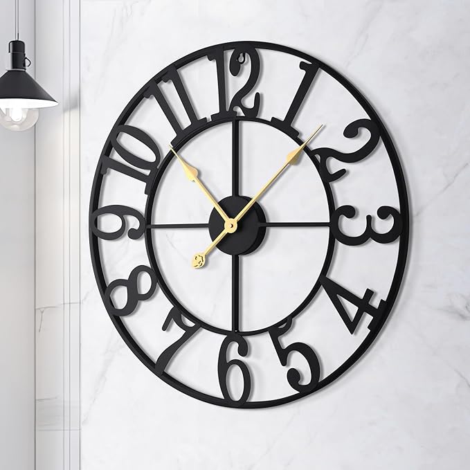 LEIKE Large Wall Clock, 18.5" Silent Non-Ticking, Battery Operated, Oversized, Decorative Retro Black Metal Clock for Living Room,Farmhouse, Dinner Room,Indoor, Outdoor(47cm, Black Arabic Number)