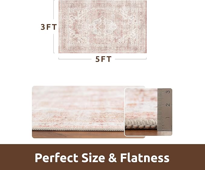 AMOAMI-3X5 Area Rug-Soft Washable Vintage Throw Accent Rugs for Living Room, Entryway, Bedroom, Kitchen, Bathroom, Laundry Room, Kitchen, Bathroom, Bedside, No Slip Pink