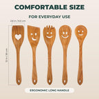 MFC 5-Piece Wooden Cooking Spoons - Kitchen Set from Natural Cherry Wood - Wooden Spoons for Cooking - Funny Utensil Set with Smiley Faces - Cooking Multipurpose Wood Utensils