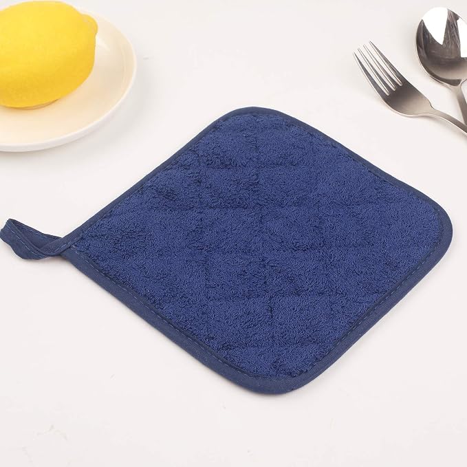 100% Cotton Kitchen Everyday Basic Terry Pot Holder Heat Resistant Coaster Potholder for Cooking and Baking Set of 5 Dark Blue