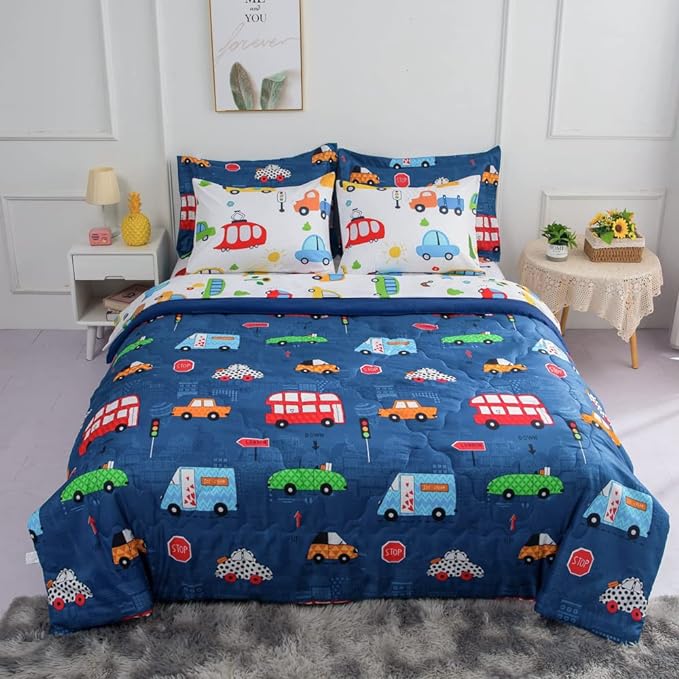 Wajade Cartoon Cars Comforter Set Bed in A Bag Twin Size Colorful Cars Bus Van Traffic Lights Bedding Set for Boys Kids (1 Comforter, 1 Flat Sheet, 1 Fitted Sheet, 2 Pillowcase and 2 Pillow Sham)