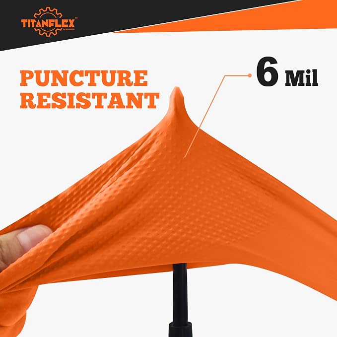 TitanFlex Heavy Duty Orange Nitrile Gloves, 6 Mil, Raised Diamond Texture, Mechanic Disposable Gloves, Latex Free Powder Free