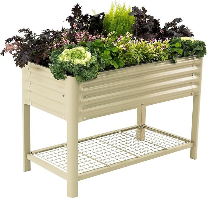 Elevated Raised Garden Bed-V Series, 2' x 4' Garden Beds with Legs & Storage Rack for Patio Porch, 700 Lbs Weight Capacity, Outdoor Planter Boxes for Gardening Herbs Vegetables Flowers, Pearl White