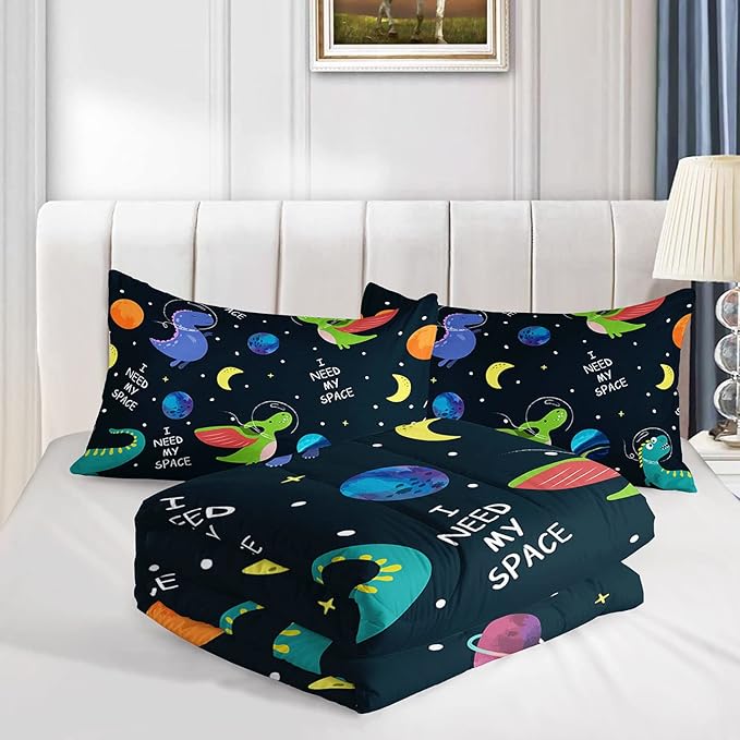 Datura home Dinosaur Space Dinos Comforter Bedding Set for Boys Kids Children,Celestial Bodies Colorful Dinosaur Print Bedding Set with 1 Comforter and 2 Pillowcases(Dinosaur Queen)