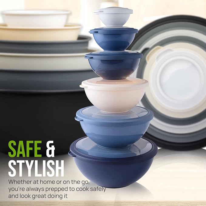 Zulay Kitchen 12 Piece Plastic Mixing Bowls with Leak-Proof Lids Set - Microwave and Freezer Safe Kitchen Mixing Bowls for Preparing, Serving and Storing - Large Nesting Bowls (Navy Ombre)