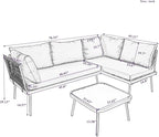 3-Piece Outdoor Patio Furniture PE Rattan Sofa Set, All Weather L-Shaped Sectional Couch with Removable Cushions and Glass Table, for Backyard Poolside Garden, Metal Frame, Onesize, Beige