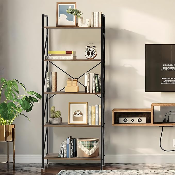 5 Tier Bookshelf Bookcase Wood Tall Bookshelf Open Shelf,Farmhouse Bookshelf Book case, Industrial Bookshelf Storage Organizer for Bedroom,Living Room,Office, Rustic Brown