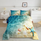 Ocean Comforter Set King Beach Bedding Coastal Nature Theme Pattern Teal Duvet Set Boys Girls Hawaiian Quilt Sets Sea Wave Animals Starfish Reversible Comforter Set 2 Pillowcases, Blue Room Decor