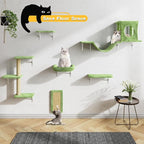 12-in-1 Cat Wall Shelves, Luxury Wall-Mounted Cat Climber Set with Condos House, Scratching Post, Bridge Ladder, Indoor Space-Saving Furniture for Kittens, Green